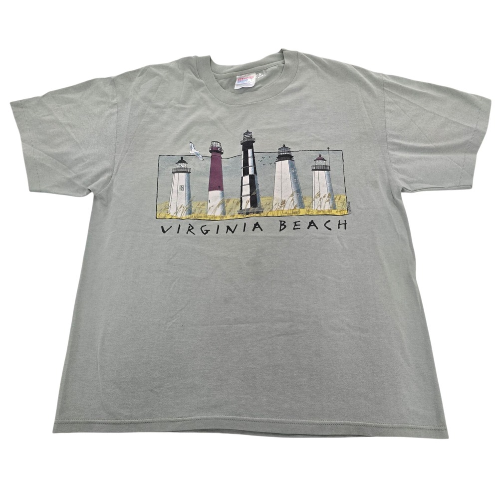 Vintage Virginia Beach Lighthouse Graphic T-Shirt Gray Single Stitch Hanes L - Picture 2 of 6